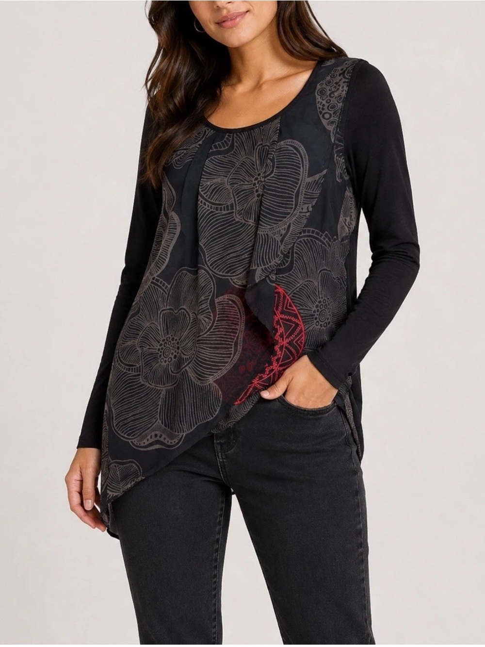 Desigual Floral Mixed Media Overlay Asymmetrical Long Sleeve Top